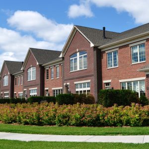townhomes with bushes in front
