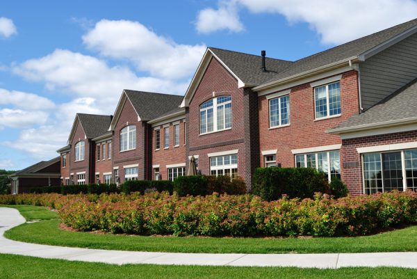 townhomes with bushes in front
